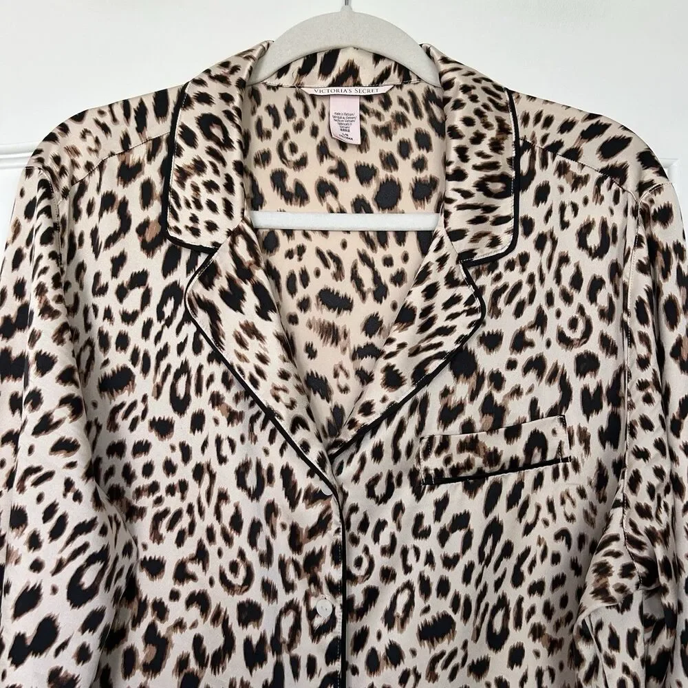 Victorias Secret Satin Sleep Shirt Womens Sz L Leopard Animal Print Button Up